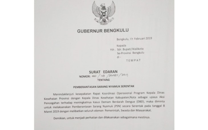 Surat Edaran Gubernur Bengkulu  