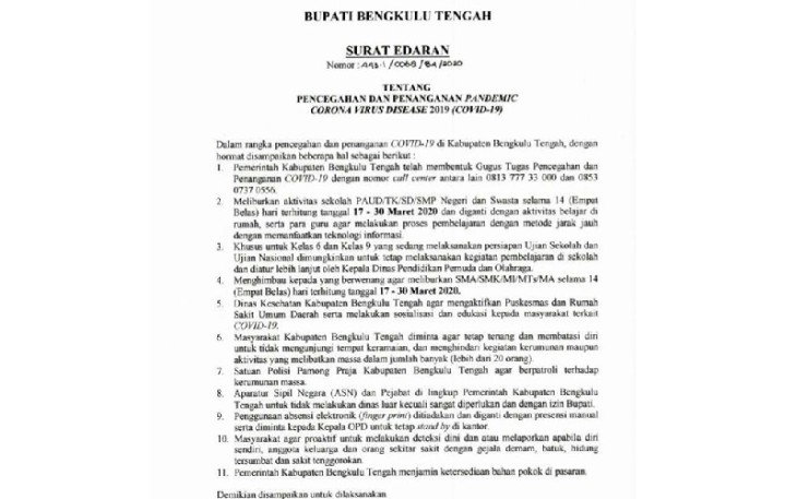 Surat Edaran Bupati Bengkulu Tengah 