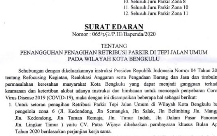 Surat Edaran Wali Kota Bengkulu 