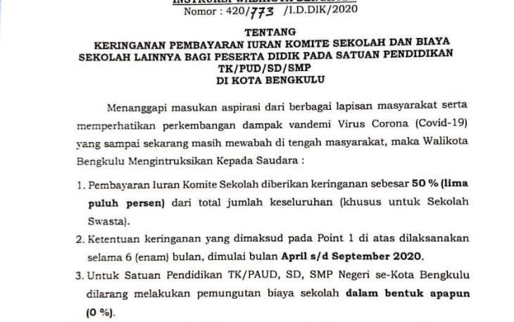 Surat Edaran Wali Kota Bengkulu 