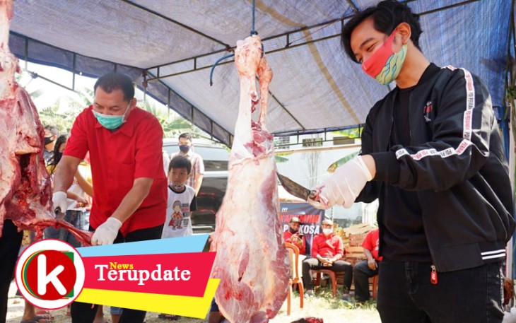 Calon Walikota dan Calon Wakil Walikota Solo Gibran Rakabuming Raka dan Teguh Prakosa saat silaturahmi dan membantu penyembelihan hewan kurban di sejumlah Kantor PAC PDI Perjuangan di Kota Solo Jawa Tengah.