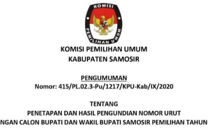 KPU Samosir Tetapkan Nomor Urut Paslon Pilkada 2020
