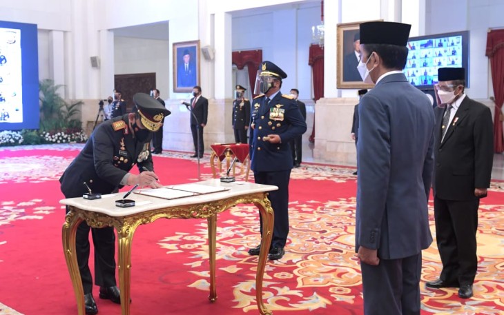 Acara proses Serah Terima Jabatan (Sertijab) Jenderal Idham Azis kepada Jenderal Listyo Sigit Prabowo di Rupatama Mabes Polri, Jakarta Selatan, Rabu (27/1/2021).  
