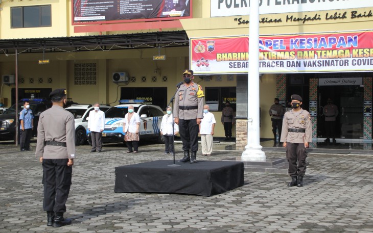 Polres Pekalongan Kota  menggelar Apel Kesiapan Bhabinkamtibmas dan Nakes sebagai Tracker dan Vaksinator Covid 19. Sesuai STR Kapolda Nomor : STR/86/II/Ops.2/2021.