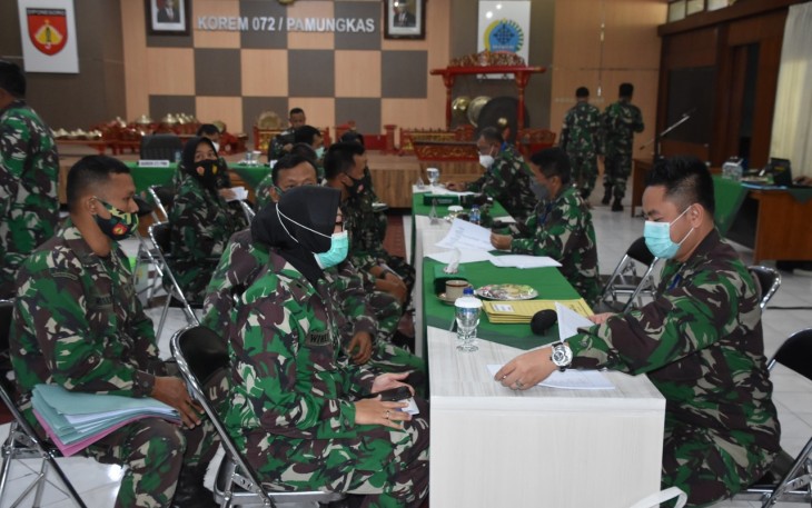 Ketua Tim Pengawas Post Audit Itjenad, Brigjen TNI Pujiyanto, S.E.,M.M melakukan  kunjungan di Korem 072/Pamungkas. Rombongan tim Wasrik diterima Danrem 072/Pmk Brigjen TNI Ibnu Bintang Setiawan, S.I.P., M.M di Aula Makorem, Kamis (18/2/2021).