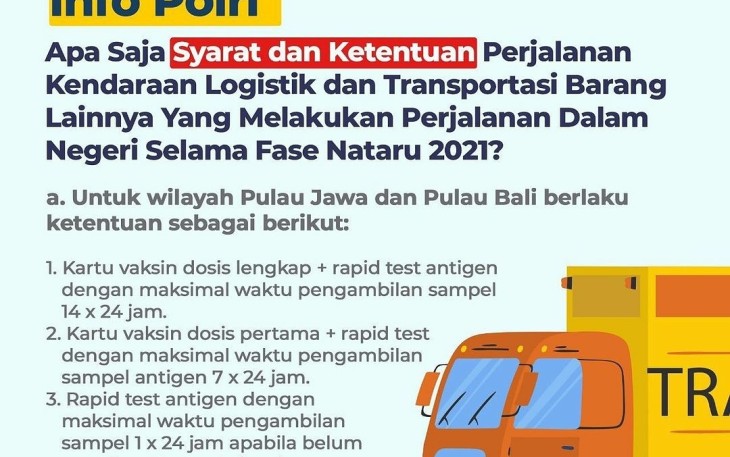 Syarat dan Ketentuan Perjalanan Kendaraan Logistik dan Transportasi Barang Lainnya Yang Melakukan jalanan Dalam Negeri Selama Fase Nataru 2021