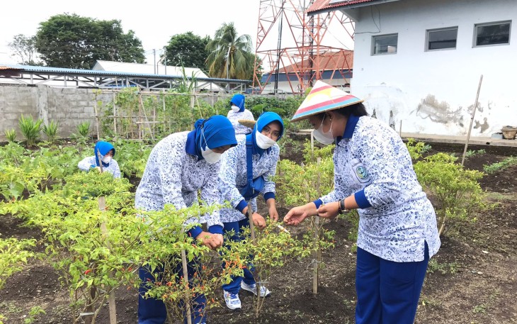 Ketua Jalasenastri Yonmarhanlan VIII Bitung saat pimpin panen hasil ketahanan pangan