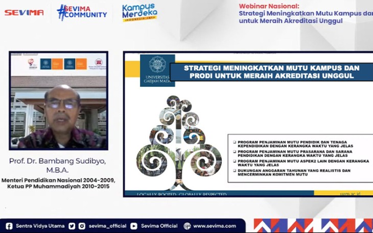 Prof. Bambang Sudibyo, Mantan Menteri Pendidikan Nasional 2004-2009, dalam Webinar SEVIMA pada Senin (01/08) sore.