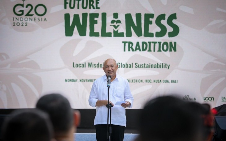 MenkopUKM Teten Masduki pada acara Future Wellness Tradition (Local Wisdom for Global Sustainability) di Bali Collection, kawasan ITDC, Nusa Dua, Bali, Senin (14/11).