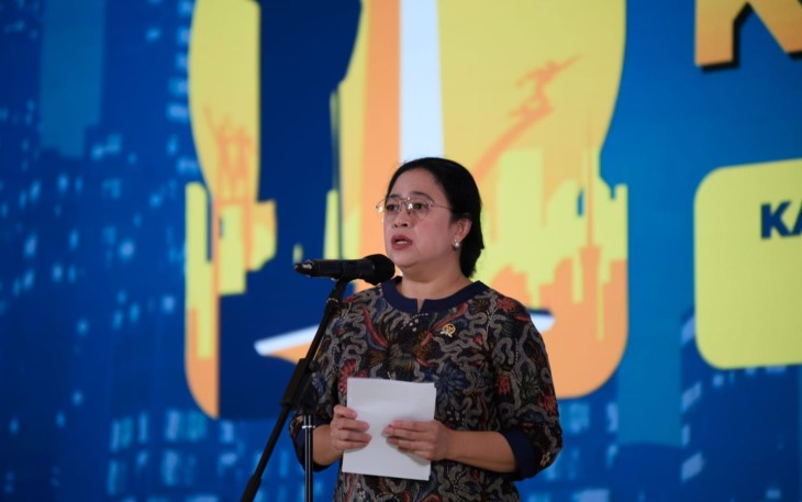 Puan dalam acara Welcome Dinner Rapimnas Kadin 2022 yang diselenggarakan di Hotel Borobudur, Jakarta, Kamis (1/12/2022) malam.