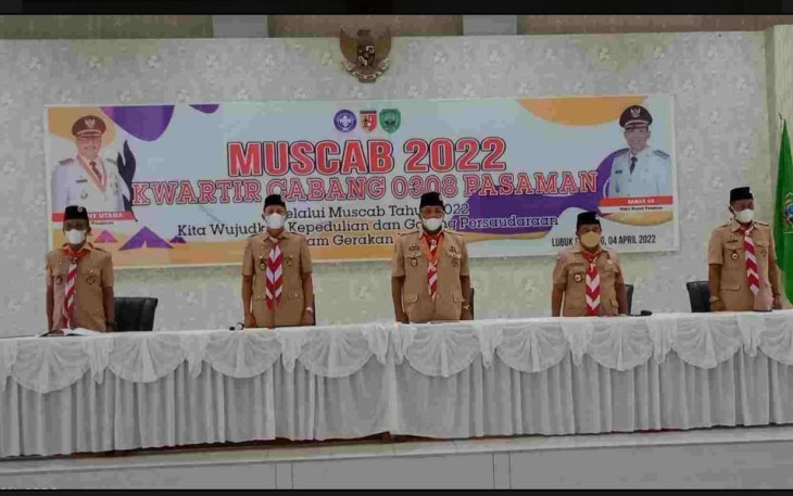 Bupati Pasaman, H.Benny Utama saat Muscab Gerakan Pramuka Kwartir Cabang 0308 Pasaman di Aula lantai III Kantor Bupati Pasaman, Senin (4/4/2022).