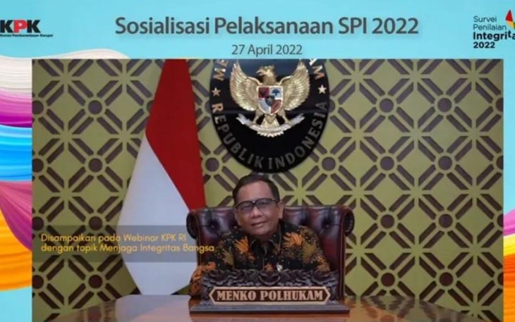 Menjaga integritas bangsa, Menkopolhukam saat menjadi keynote speech acara webinar sosialisasi SPI oleh KPK. Rabu (27/4/2022)