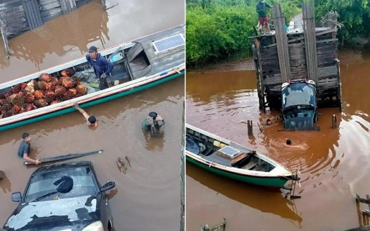 Pasca proses evakuasi kendaraan dan buah sawit yang terjebur ke sungai