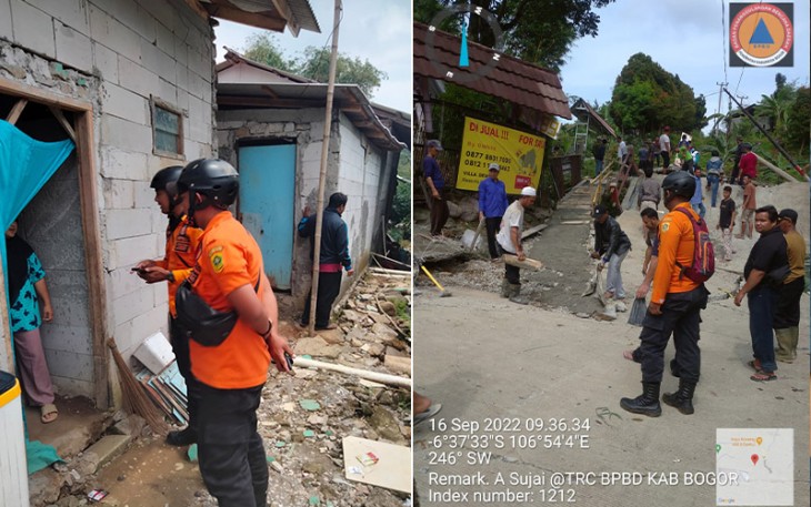 Petugas saat melakukan pendataan dan cek lokasi dampak pergeseran tanah di Bogor