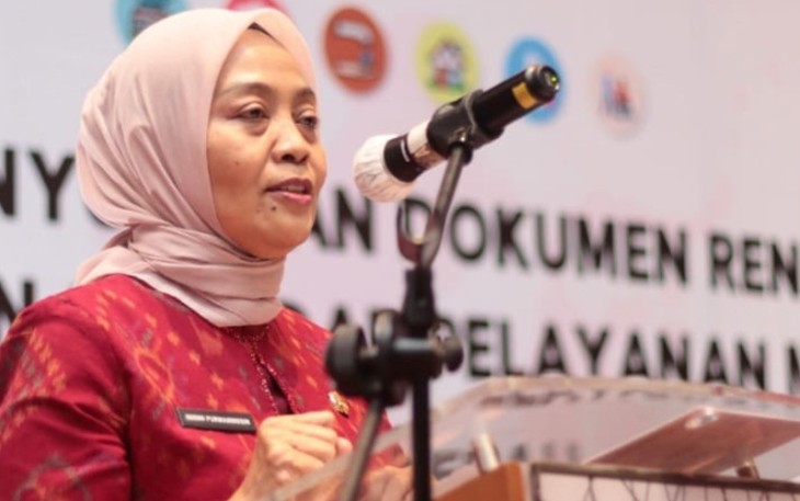 Sekretaris Ditjen Bina Pembangunan Daerah Kemendagri Sri Purwaningsih atau yang akrab disapa Nining saat memberikan sambutan.