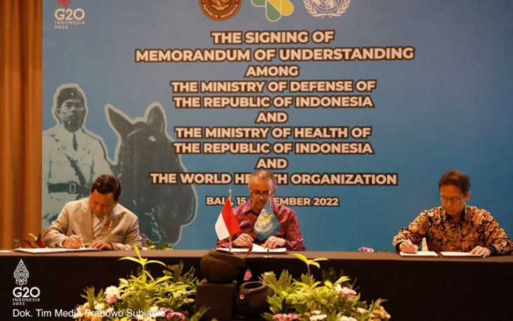Penandatanganan MOU tentang pusat pendidikan kedaruratan kesehatan, disela – sela perhelatan KTT G20 di Nusa Dua Bali (15/11/2022).