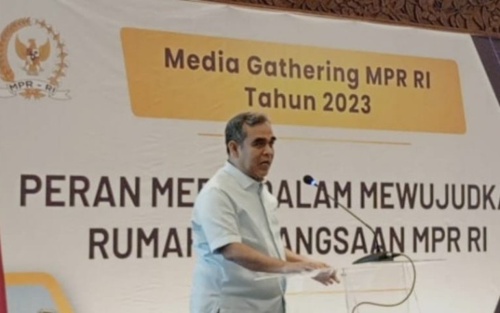 Wakil Ketua MPR RI Ahmad Muzani dalam acara Media Gathering MPR bertajuk 'Peran Media dalam Mewujudkan Rumah Kebangsaan MPR, Bali, Sabtu (3/12/23).