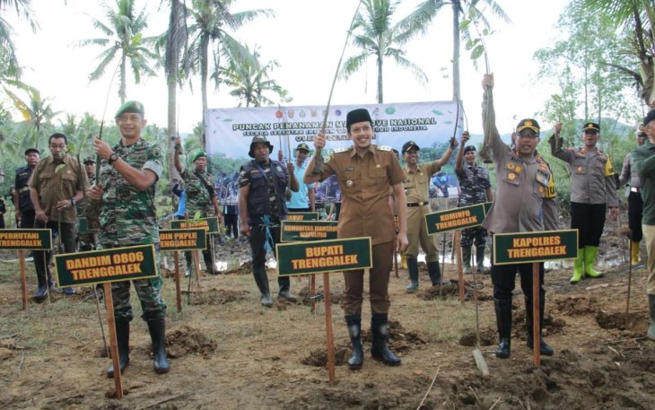 Dandim 0806/Trenggalek Letkol Kav Peddy Adi Prasetyo tanam mangrove di pesisir pantai Cengkrong, Senin (15/5)