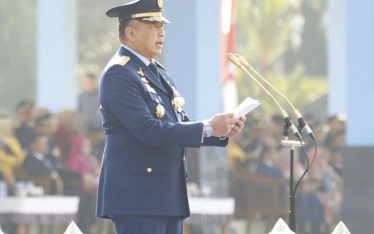 Kasau Marsekal TNI Fajar Prasetyo saat memberikan amanat dalam peringatan Hari Bakti ke-76 TNI AU di AAU Yogyakarta, Sabtu (29/7) 