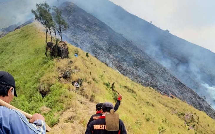 Kondisi kebakaran lahan semak belukar dan rerumputan di lereng Gunung Arjuno, Kabupaten Malang, Jawa Timur, Minggu (27/8).