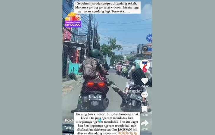oknum prajurit TNI yang terekam video menendang motor seorang Ibu-ibu yang sedang membonceng anaknya di jalan raya. 
