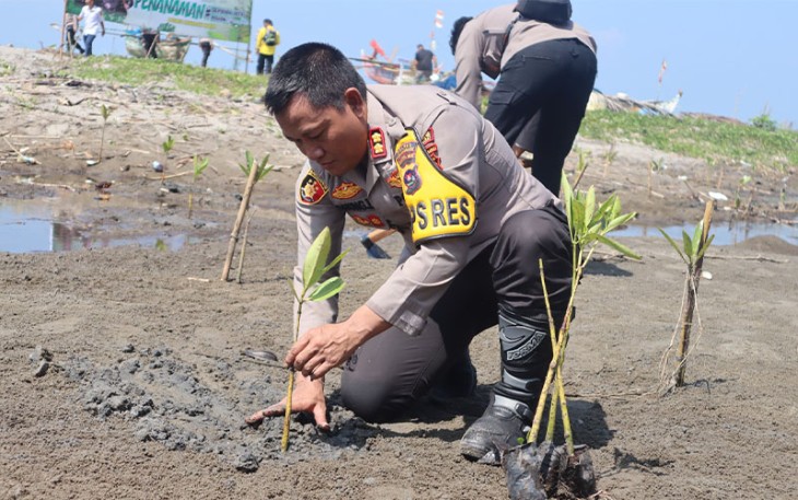 Kapolres Pasaman Barat AKBP Agung Basuki saat tanam pohon di areal lokasi abrasi pantai