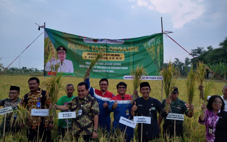 Perwakilan Pertamina EP Cepu Field dan Bupati Blora Arief Rohman panen raya bersama kelompok tani Jemari Agung Desa Sidorejo kecamatan Kedungtuban binaan Pertamina EP Cepu Field