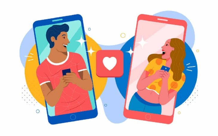 Ilustrasi wanita dan laki laki yang bertemu melalui aplikasi kencan online l Sumber:Balitteknologikaret.co.id