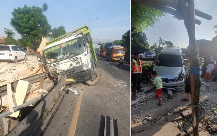 Truk pasca Tabrak Pembatas Jalan 