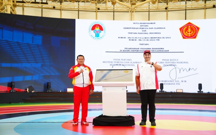 Panglima TNI Laksamana TNI Yudo Margono, S.E., M.M., saat menghadiri Rapat Koordinasi Nasional (Rakornas) Pemuda dan Olahraga tahun 2023 di Velodrom Rawamangun Jakarta Timur Jumat pagi (8/9/2023).