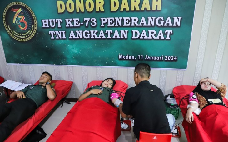Pendam I/BB menggelar kegiatan bakti sosial donor darah yang dilangsungkan di Aula Bukit Barisan, Makodam I/BB, Jl Gatot Subroto Km 7,5 Medan, Kamis (11/1/2024)