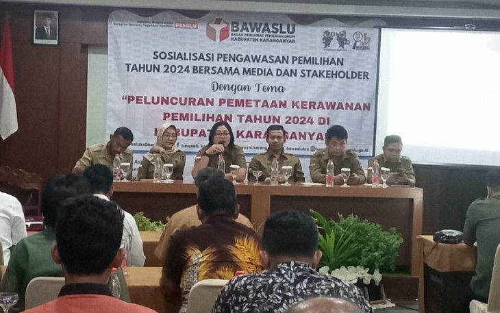 Bawaslu Karanganyar menggelar sosialisasi pengawasan pemilihan dengan tema peluncuran pemetaan kerawanan pemilihan tahun 2024 di Kabupaten Karanganyar, Senin (2/9/2024)