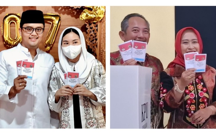 Kolase dua calon bupati Karanganyar, Ilyas Akbar Almadani dan Rober Christanto didampingi istri masing-masing menunjukkan surat suara saat akan mencoblos di TPS, pada Rabu (27/11/2024).