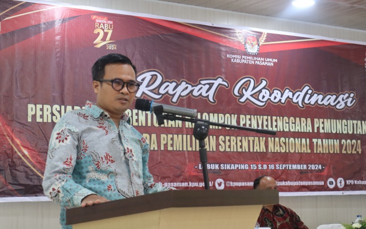 Komisi Pemilihan Umum Kabupaten Pasaman menggelar Rapat Koordinasi Persiapan Pembentukan Kelompok Penyelenggara Pemungutan Suara (KPPS) pada Pemilihan Serentak Nasional Tahun 2024 di Aula Hotel Arumas Lubuk Sikaping, Senin (16/09/2024)