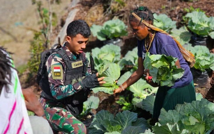 Satgas Yonif PR 330 bagikan sayuran hasil panen ke mama-mama