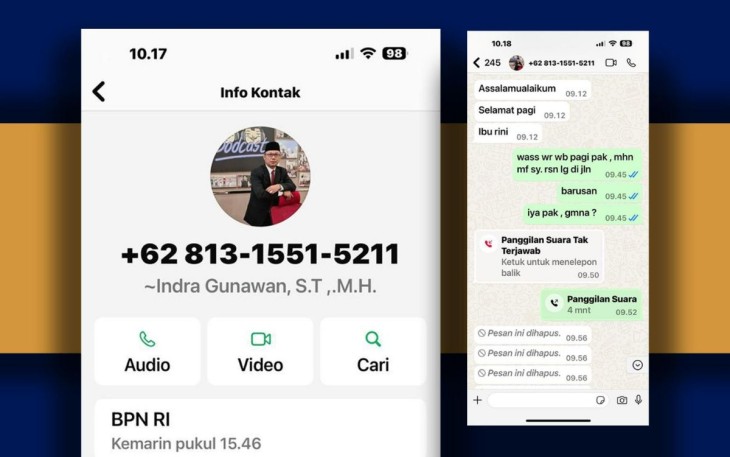 Inilah tangkapan layar dan pesan WhatsApp penipuan dari seseorang yang mengaku sebagai Kepala BPN Kota Depok. (Foto: Ist)