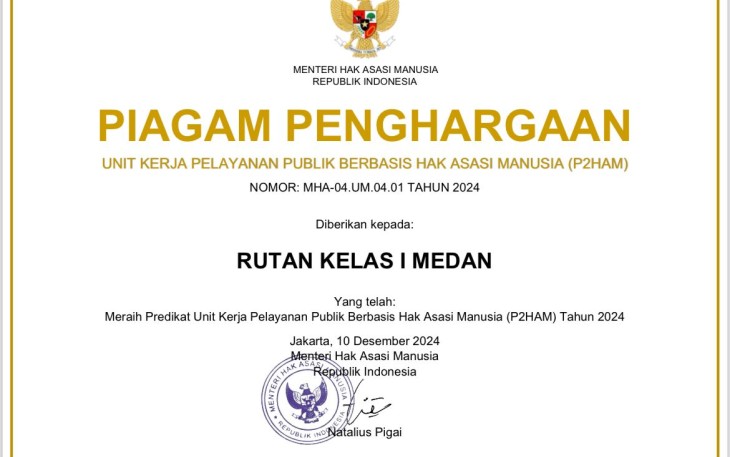 Alanta Imanuel Ketaren Karutan Kelas I Medan Merasa Bersyukur Berhasil Mendapat Penghargaan Predikat Unit Kerja Berbasis P2HAM.