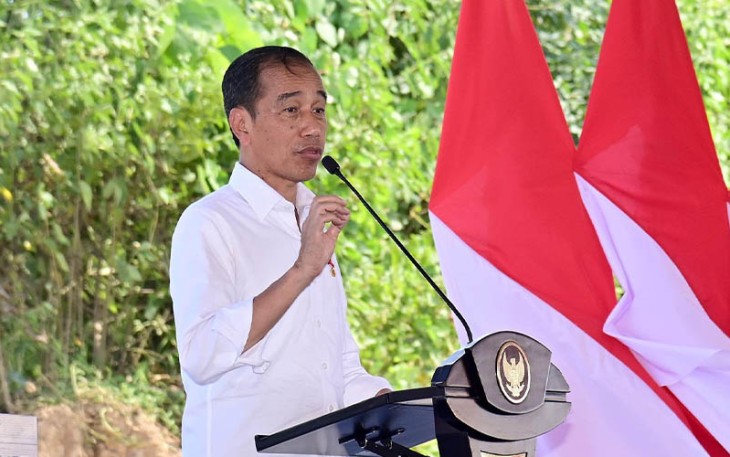 Presiden Joko Widodo di sela peresmian pembangunan sejumlah infrastruktur klaster keuangan di kawasan IKN, Kamis (29/2).