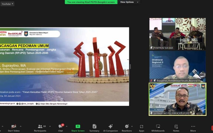 Direktur Jenderal Bina Pembangunan Daerah yang diwakili Plh. Direktur Perencanaan, Evaluasi dan Informasi Pembangunan Daerah, Suprayitno, hadir sebagai narasumber dalam Forum Konsultasi Publik Rancangan Awal RPJPD (Rencana Pembangunan Jangka Panjang Daerah) Provinsi Sulawesi Barat Tahun 2025-2045