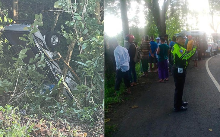 Pasca lakalantas terjadi, mobil ringsek, polisi olah TKP, Senin (19/2/2024). 