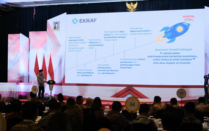 Menekraf memberikan paparan tentang ekonomi kreatif sebagai mesin baru ekonomi national yang dimulai dari daerah saat menghadiri MUNRESBANG (Musyawarah Perencanaan Pembangunan) Provinsi Jawa Timur di Hotel Shangri-La, Surabaya (29/04/25)