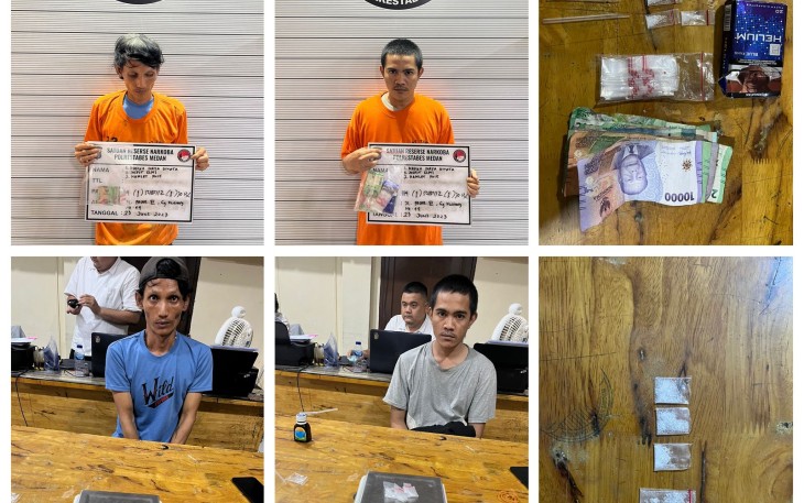 Kedua orang pengedar sabu yang telah ditangkap petugas Polrestabes Medan, Sabtu (28/6/2025)
