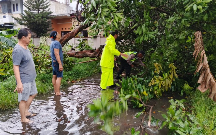 Personel Polsek Colomadu bersama warga dan relawan mengevakuasi pohon tumbang yang menutup akses jalan di Perum Klodran Indahp, Kecamatan Colomadu, Senin (3/11/1025)