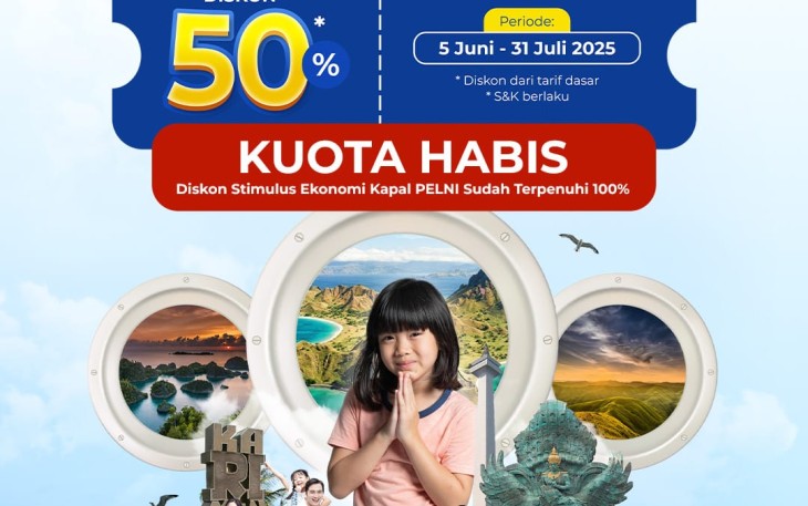 Pamplet pemberitahuan terkait kuota Stimulus Ekonomi diskon tiket kapal Pelni yangbsidah terserap 100 persen