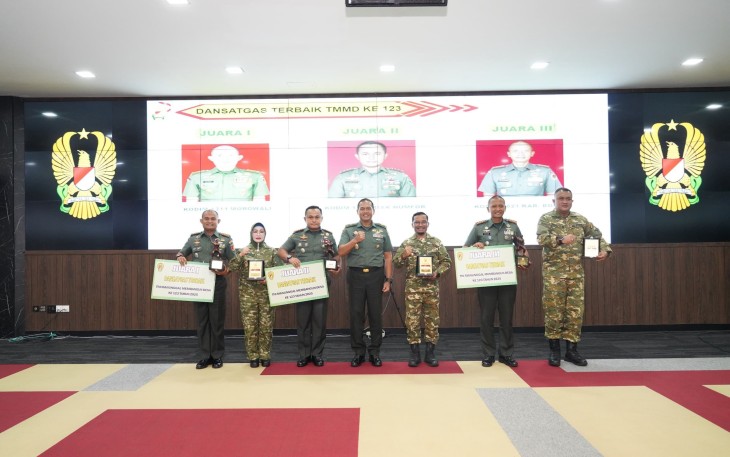 Komandan Kodim 1708/Biak Numfor, Letkol Inf Marsen Sinaga, S.Hub.Int., M.Han., menerima penghargaan Juara 2 Nasional Kategori Dansatgas pada ajang LKJ TMMD ke-123 dari pejabat tinggi TNI AD di Aula A.H. Nasution, Markas Besar TNI AD, Jakarta Pusat, Rabu (23/4/2025)