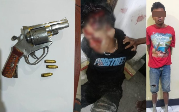 Dua Orang Tersangka Curat dan satu pucuk senjata api rakitan jenis revolver saat diamankan.