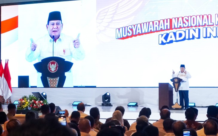 Presiden RI Prabowo Subianto saat menghadiri Musyawarah Nasional Konsolidasi Persatuan Kamar Dagang dan Industri (KADIN) Indonesia.