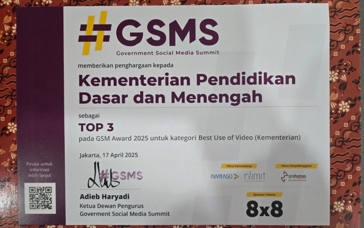 Kemendikdasmen Raih Penghargaan GSM Award 2025 Kategori Best Use of Video Kementerian