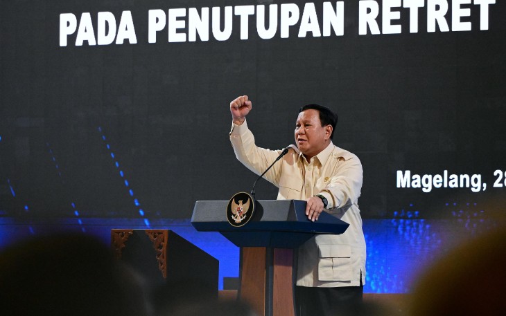 Presiden RI Prabowo Subianto pada acara penutupan Retret Kepala Daerah dan Wakil Kepala Daerah Tahun 2025, bertempat di Kompleks Akademi Militer, Magelang, Jawa Tengah, Jumat (28/02/2025).