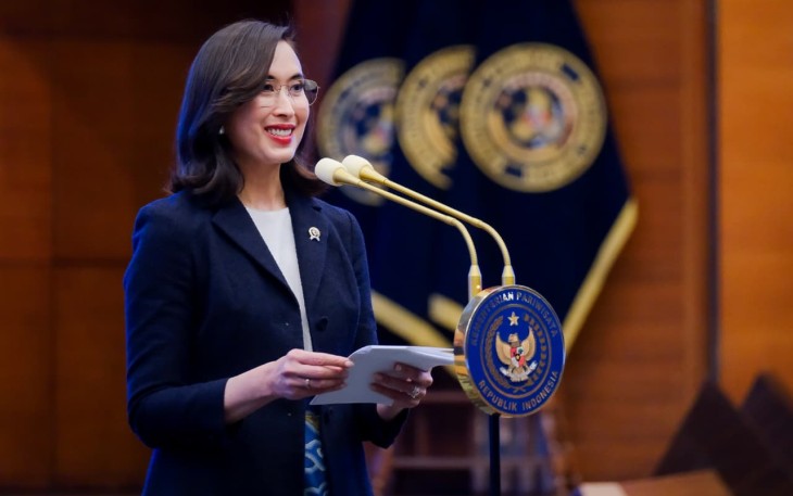 Menteri Pariwisata, Widiyanti Putri Wardhana saat sambutan pada pelantikan sejumlah pejabat fungsional dan struktural di lingkungan Kementerian Pariwisata di Balairung Soesilo Soedarman, Senin (4/5/2026)